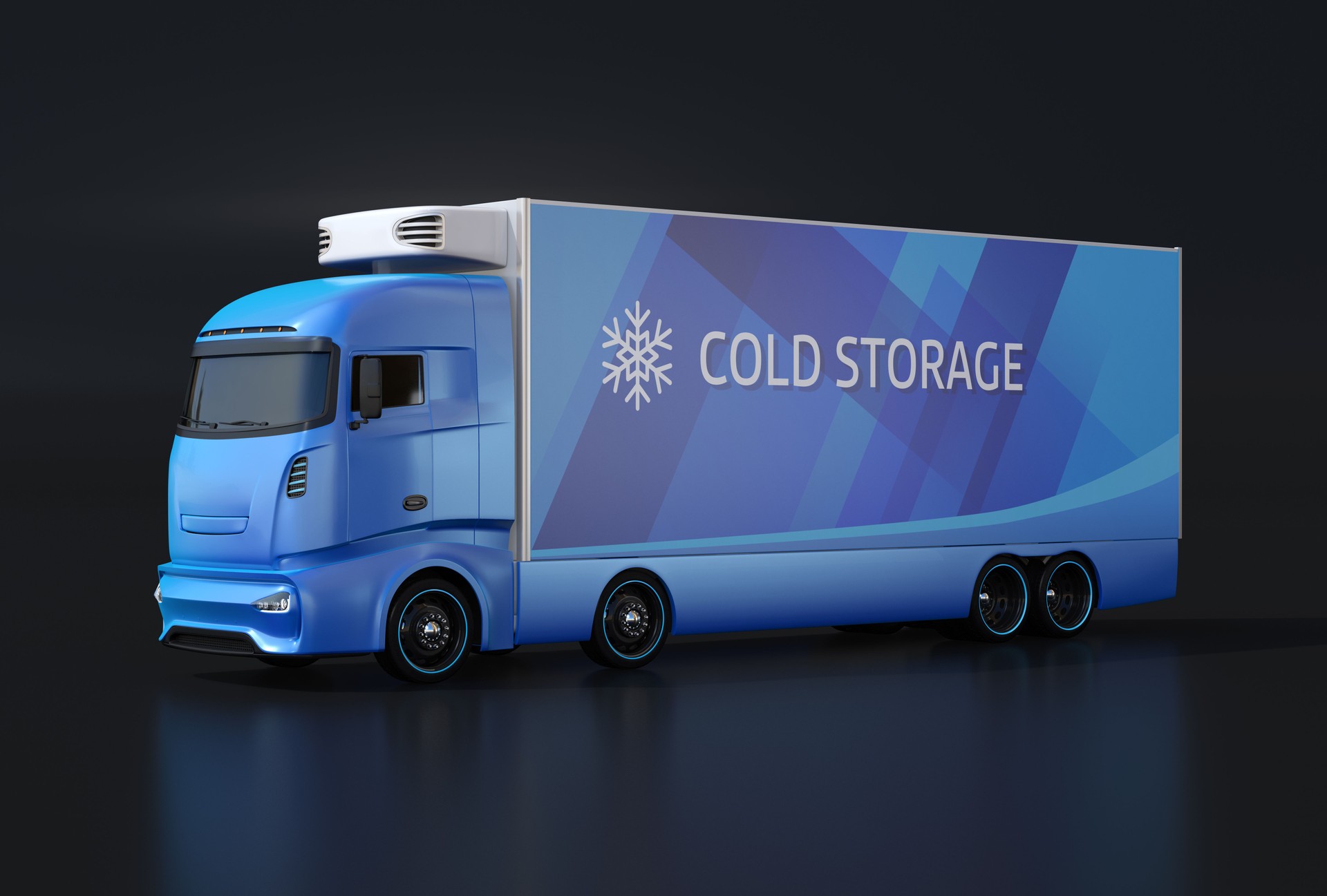Blue heavy truck with reefer container on black background