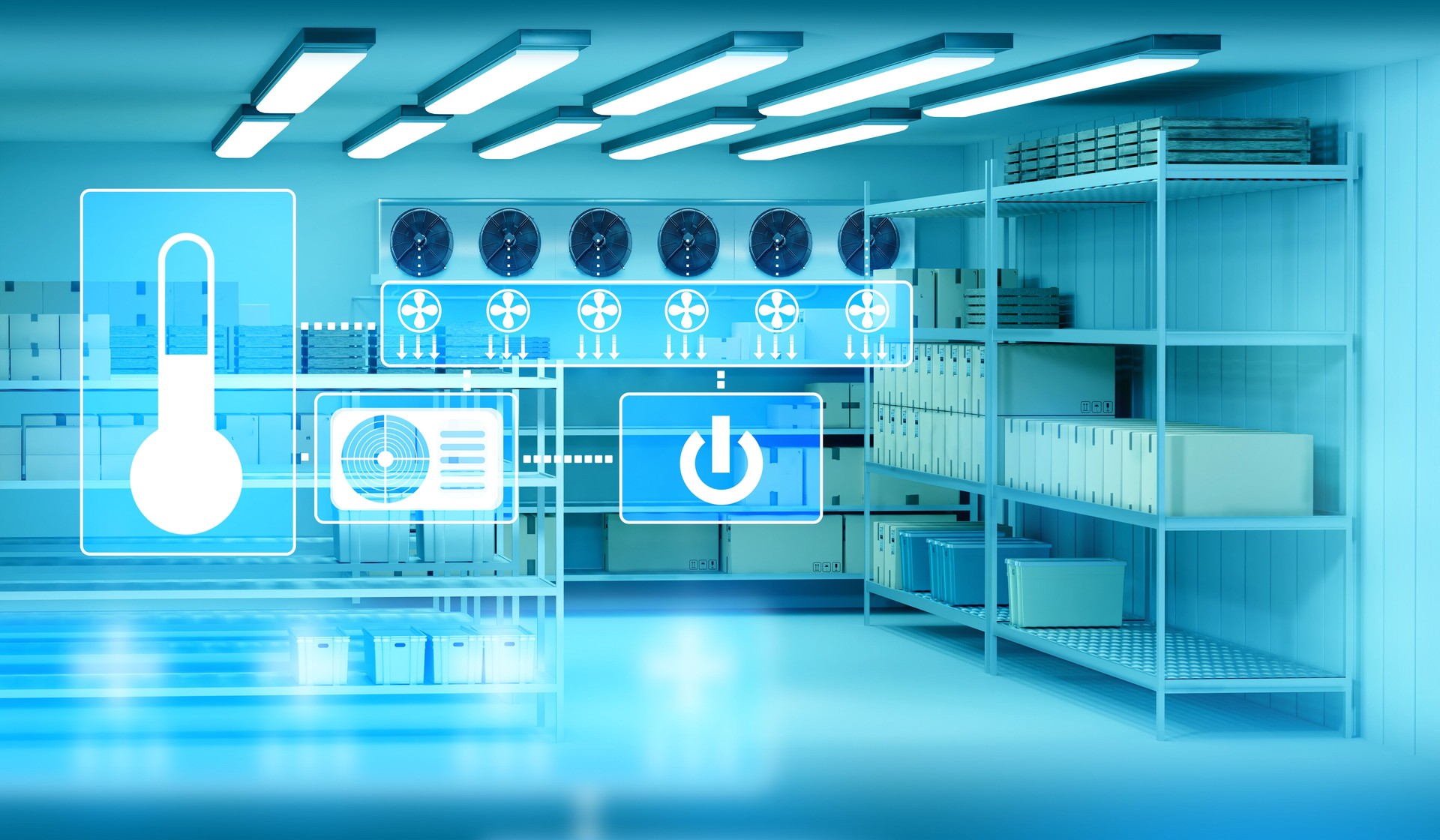 Industrial refrigerated warehouse. Room with freezing equipment. Storage with sub-zero temperatures. Refrigerated warehouse for freezing products. Industrial freezer with virtual buttons. 3d image